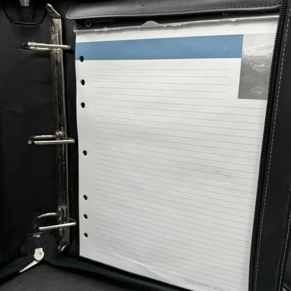 Franklin Covey Black Leather Day Planner Binder Organizer Handles Zipper